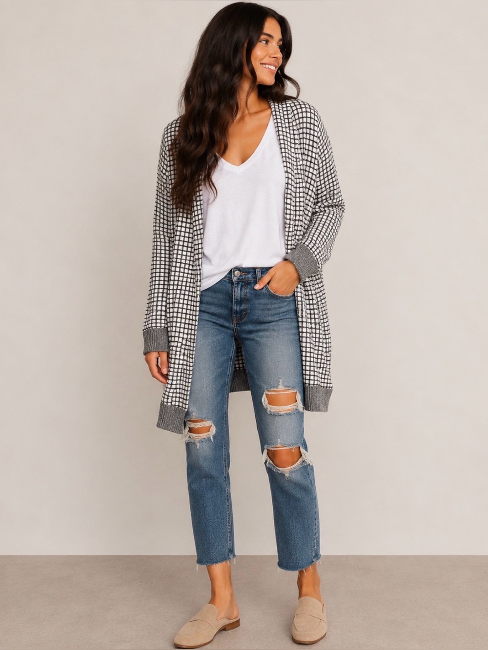 Plaid long sleeve open front cardigan